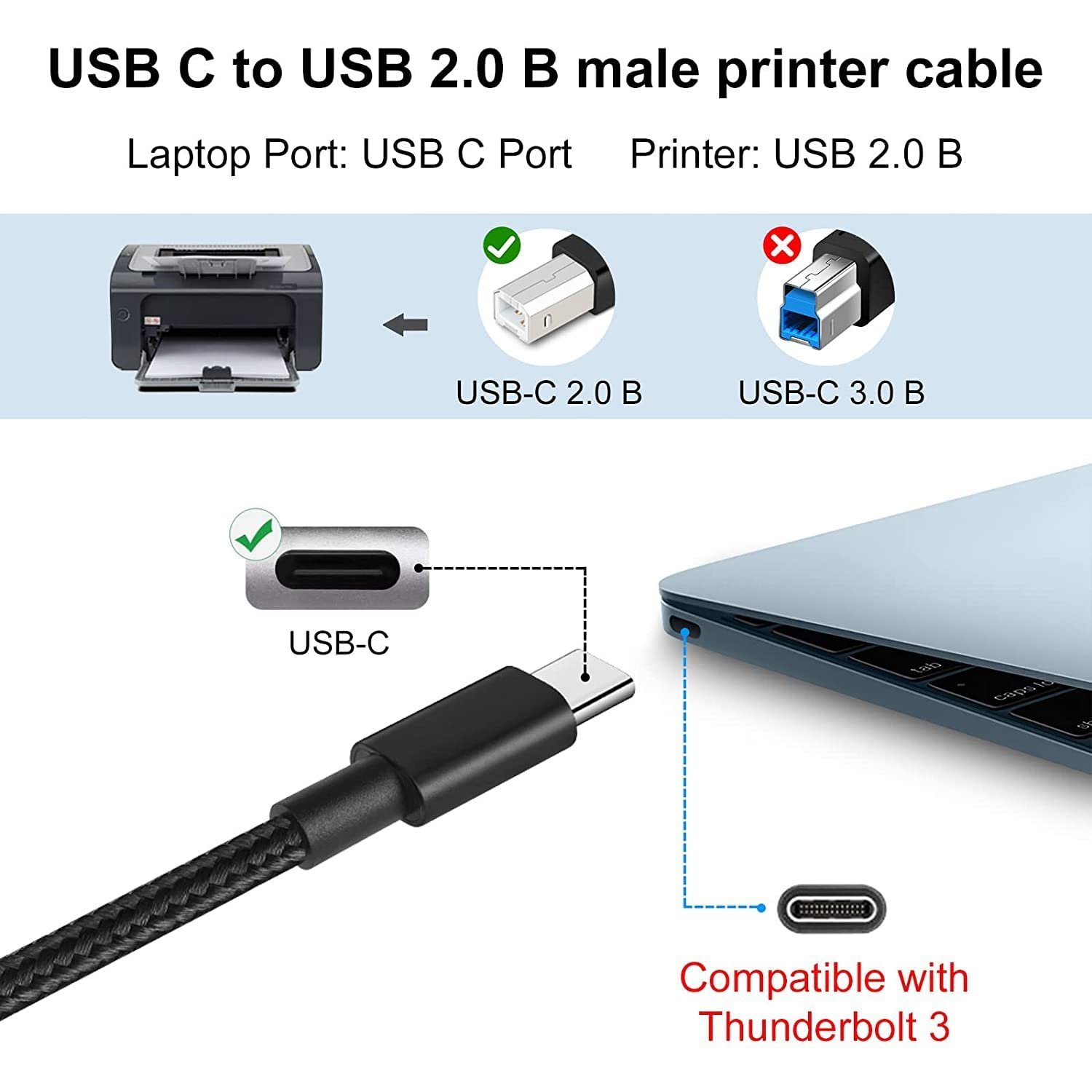 rts Hight Speed USB Type C Printer Cable (2M) Nylon Braided 480Mbps data transfer - Image 2