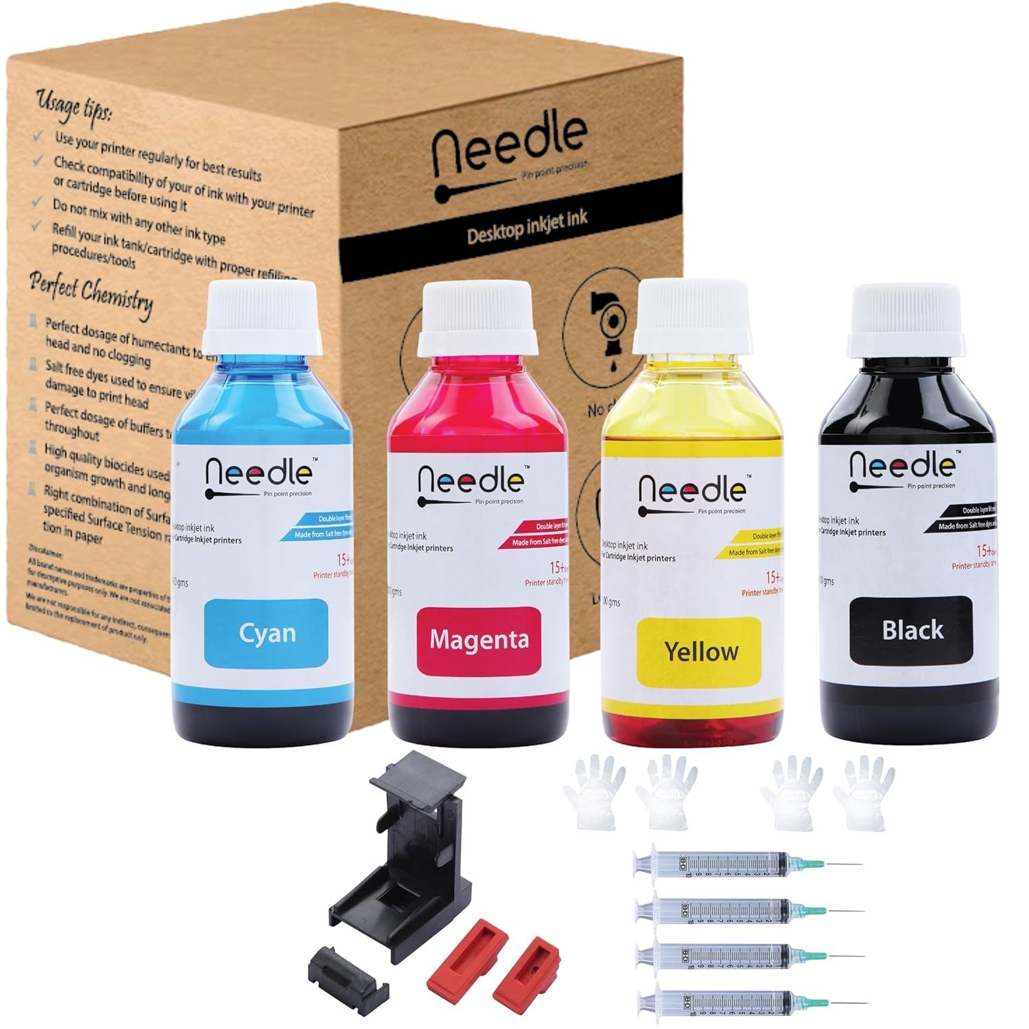 Needle 4x100gms (CMYK combo) Cartridge Inkjet Ink Refill Toolkit with Suction Tool - Image 2